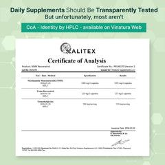 VINATURA NMN Complex label detail showing trans-resveratrol and TMG ingredients.