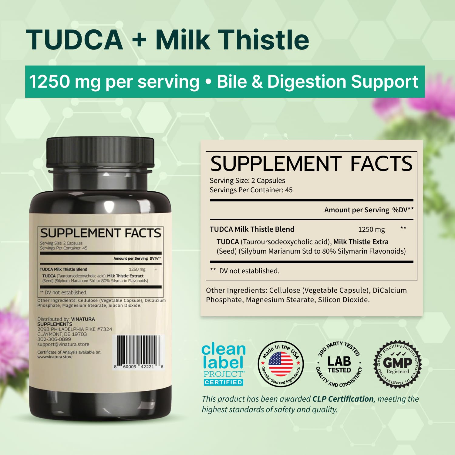 VINATURA TudCA Milk Thistle bottle label showing 1250mg TudCA and 80% silymarin