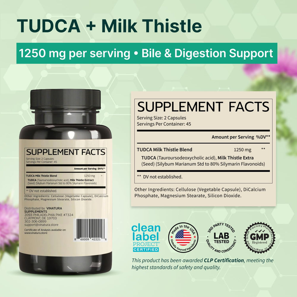 VINATURA TudCA Milk Thistle bottle label showing 1250mg TudCA and 80% silymarin