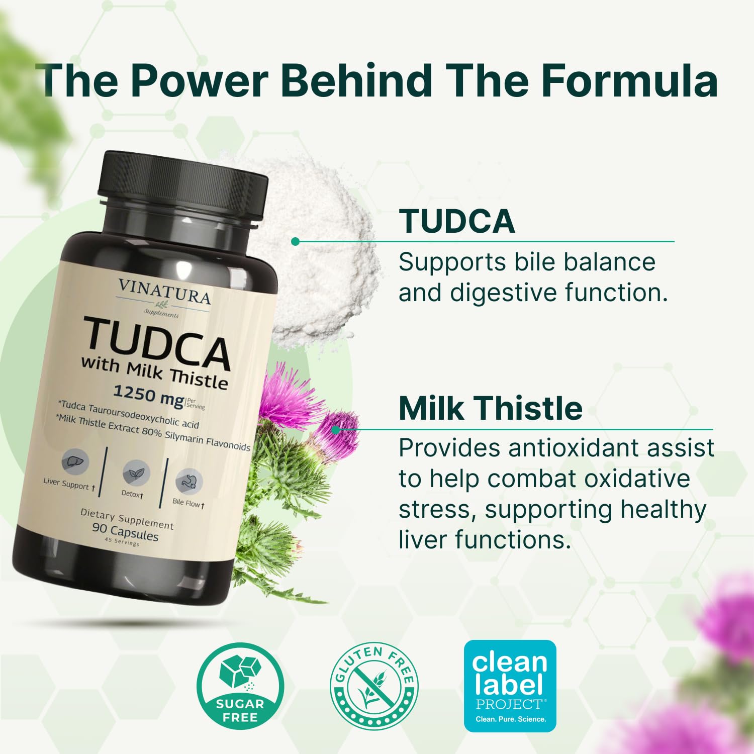 Serving dispense shot of VINATURA TudCA Milk Thistle capsules in bottle