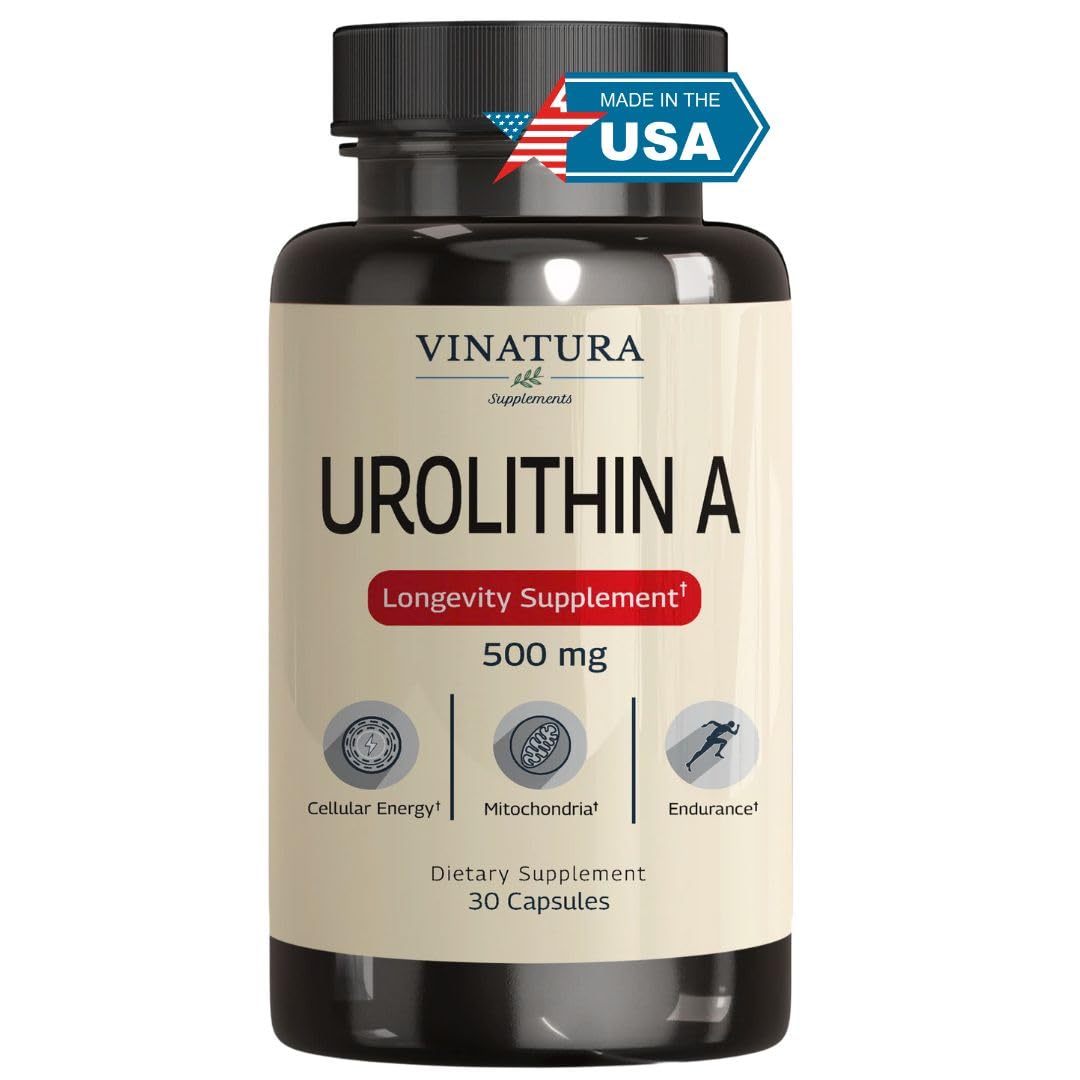 VINATURA Urolithin A bottle front showing 500mg capsules for daily mitochondrial support.