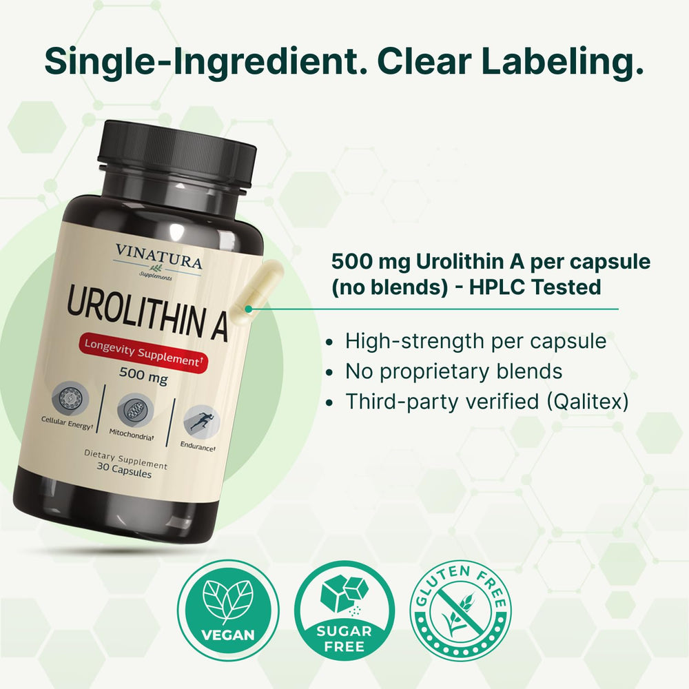 VINATURA Urolithin A bottle pour illustrating simple daily use.