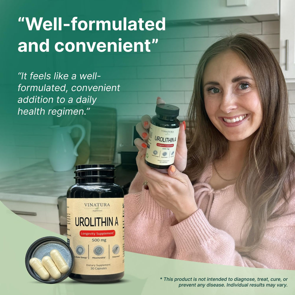 VINATURA Urolithin A packaging on a shelf conveys trusted choice.