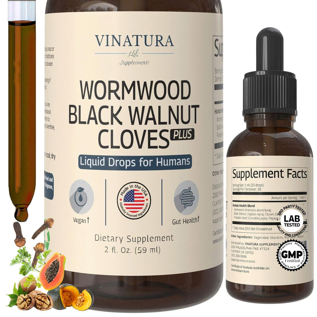 VINATURA wormwood, black walnut, cloves liquid bottle pour for a gentle cleanse concept