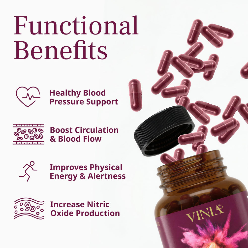 VINIA capsules closeup showing bioavailable piceid resveratrol and polyphenols.