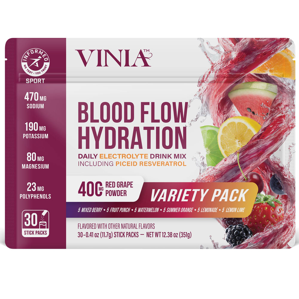 VINIA resveratrol electrolyte hydration powder pack ready to mix for balanced hydration during workouts
