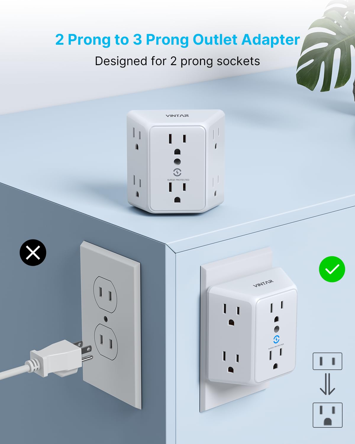 VINTAR wide-spaced six-outlet extender side angle for clutter-free power