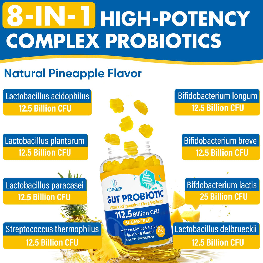 VIOAFSLSE gummies with prebiotics displayed for gut flora support