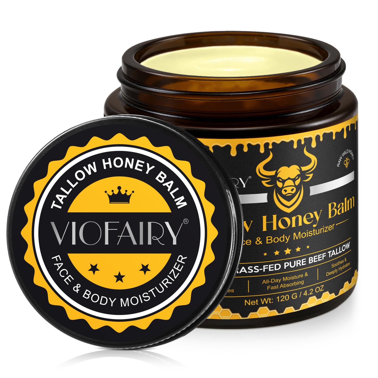 VIOFAIRY Beef Tallow Honey Balm jar shows a rich texture ideal for deep hydration.
