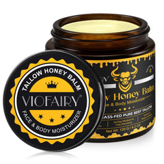 VIOFAIRY Beef Tallow Honey Balm jar shows a rich texture ideal for deep hydration.
