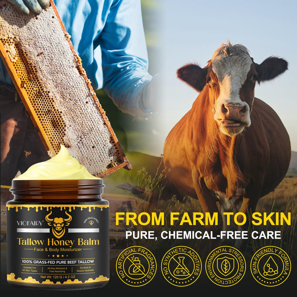 VIOFAIRY organic grass-fed beef tallow ingredients support gentle daily moisture.