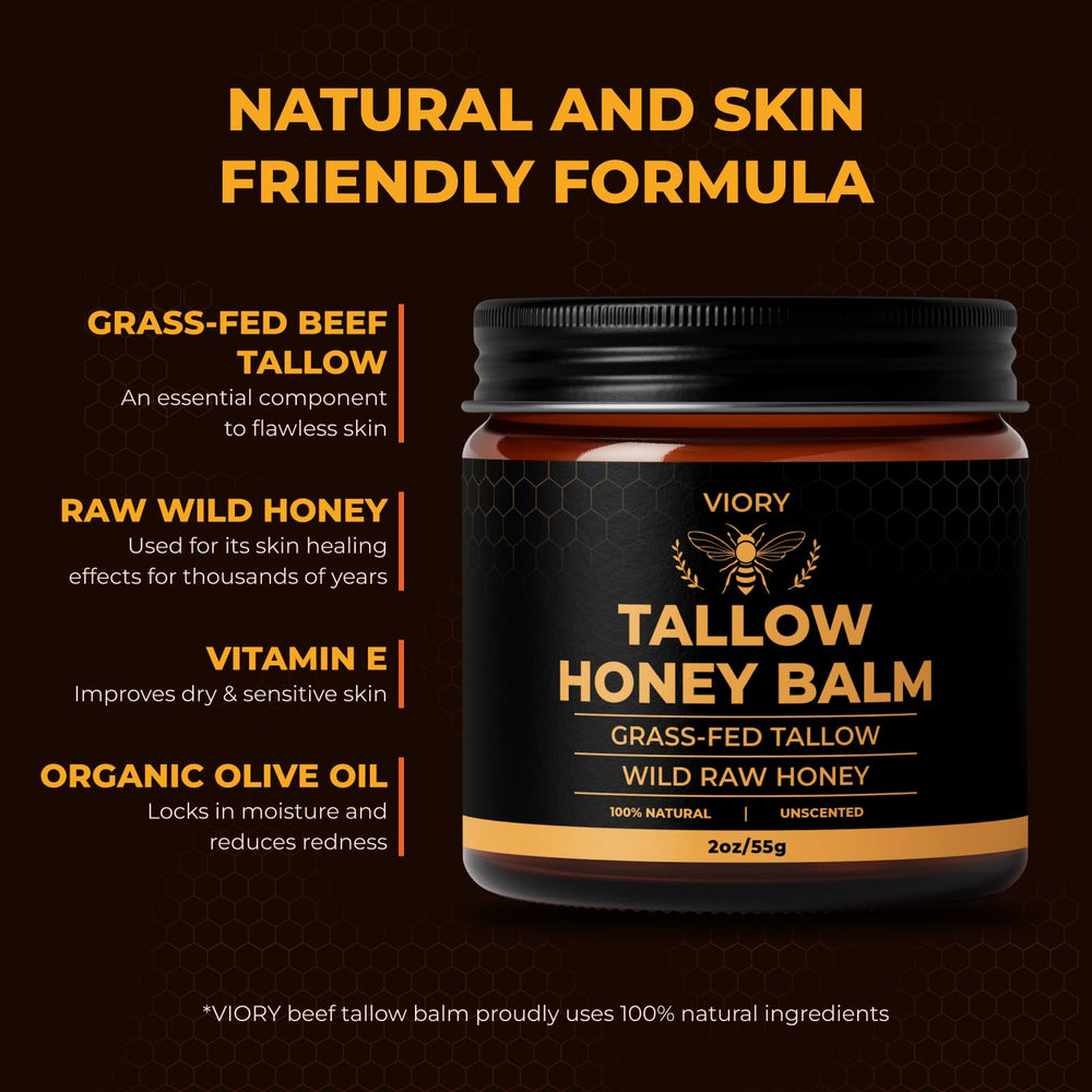 VIORY Tallow and Honey Balm ingredients close-up highlighting grass-fed tallow