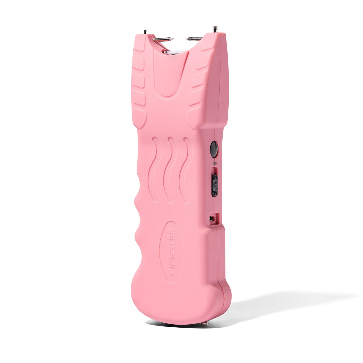 VIPERTEK stun gun with safety pin and LED flashlight in pink for quick defense.