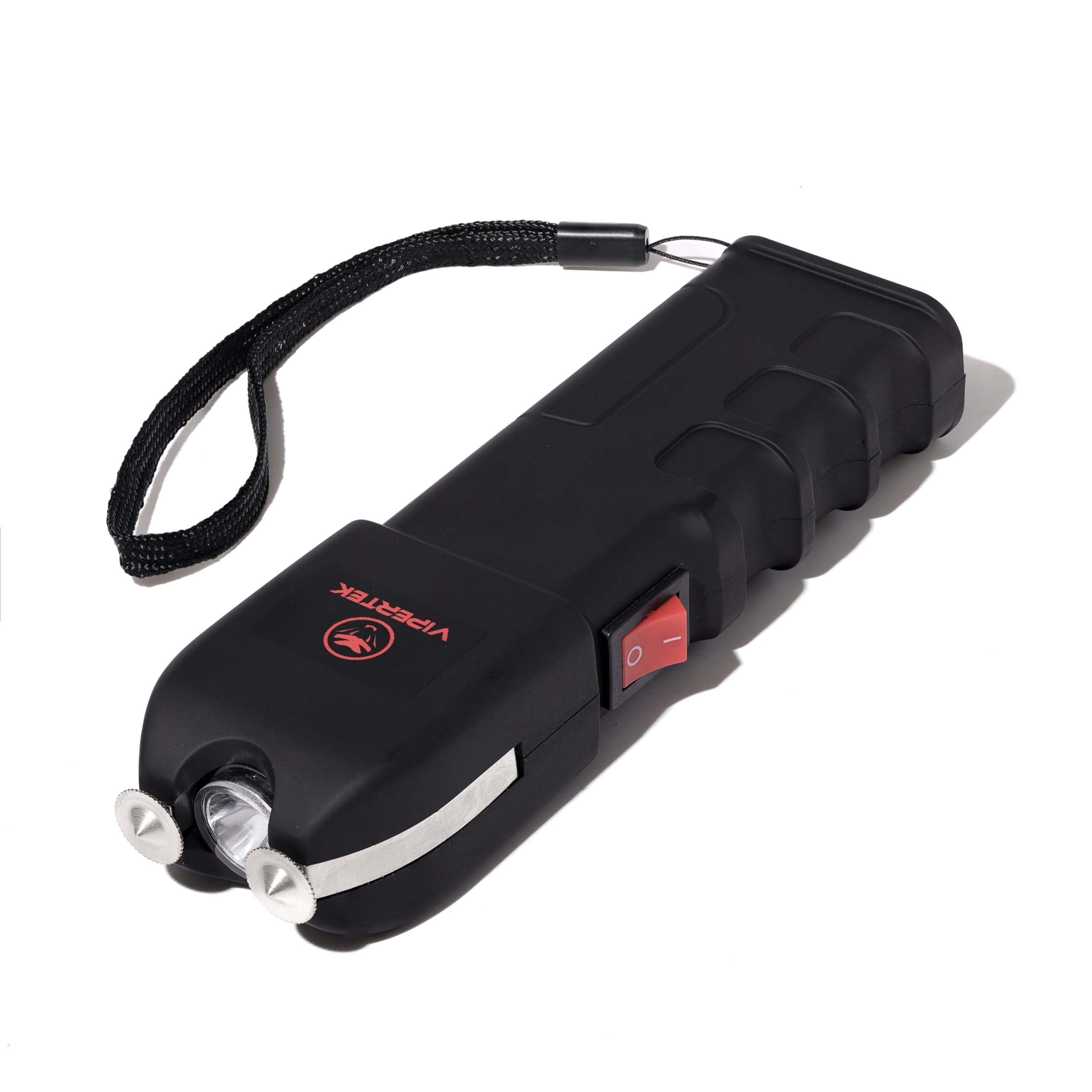 VIPERTEK VTS-989 stun gun with LED flashlight in hand.