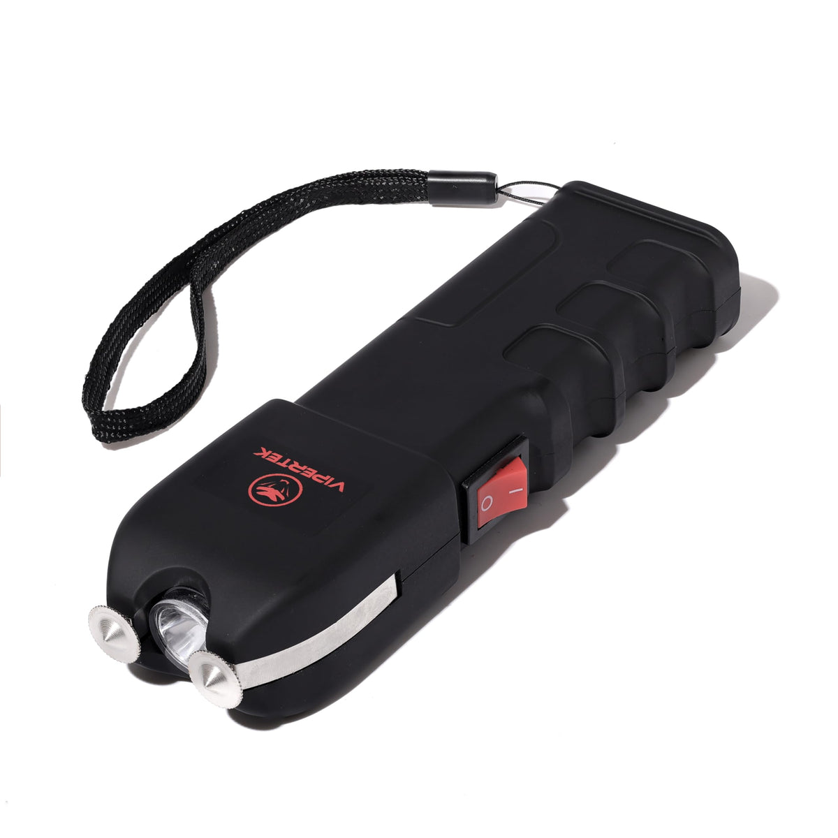 VIPERTEK VTS-989 stun gun with LED flashlight in hand.