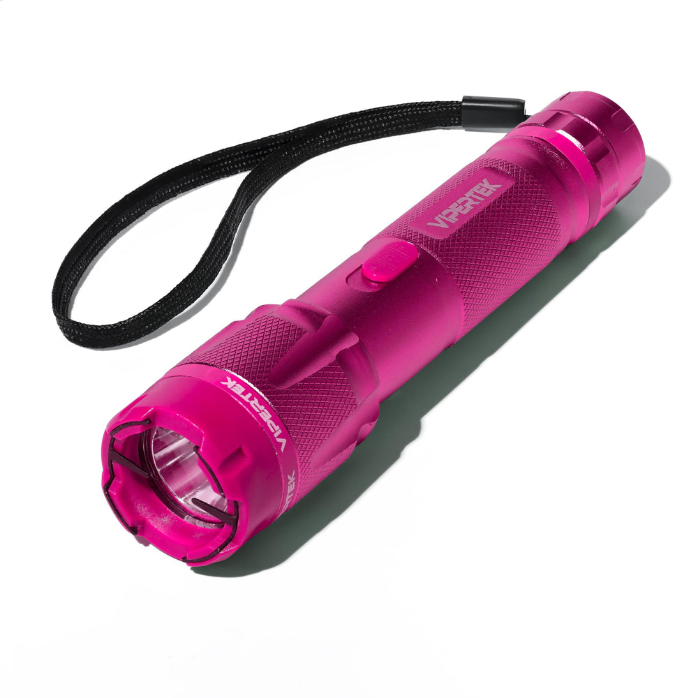 Pink VIPERTEK VTS-T03 stun gun showing anti-roll aluminum body
