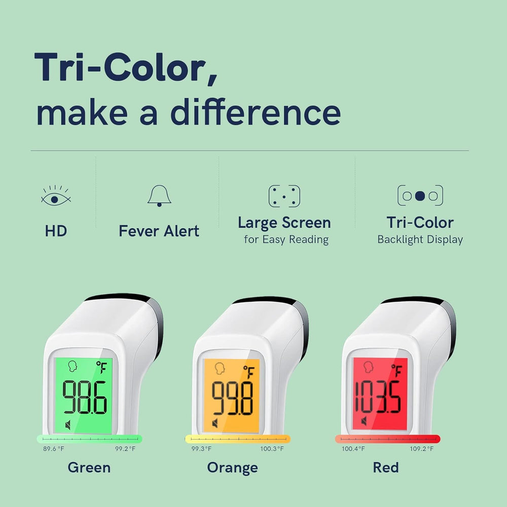 Viproud thermometer in forehead mode showing temperature reading in moments.