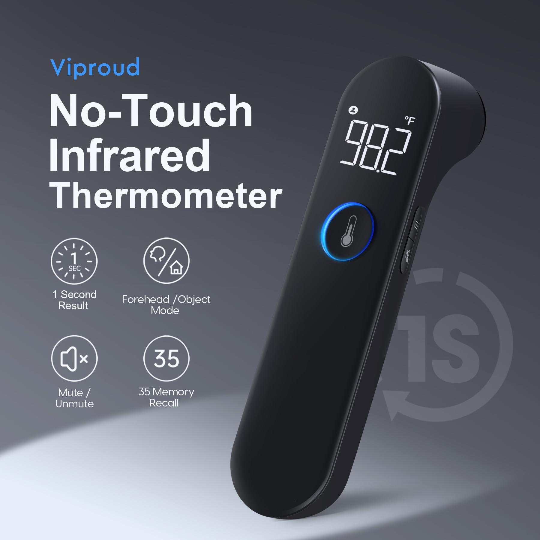 Viproud forehead thermometer with blue LED display for easy reading.