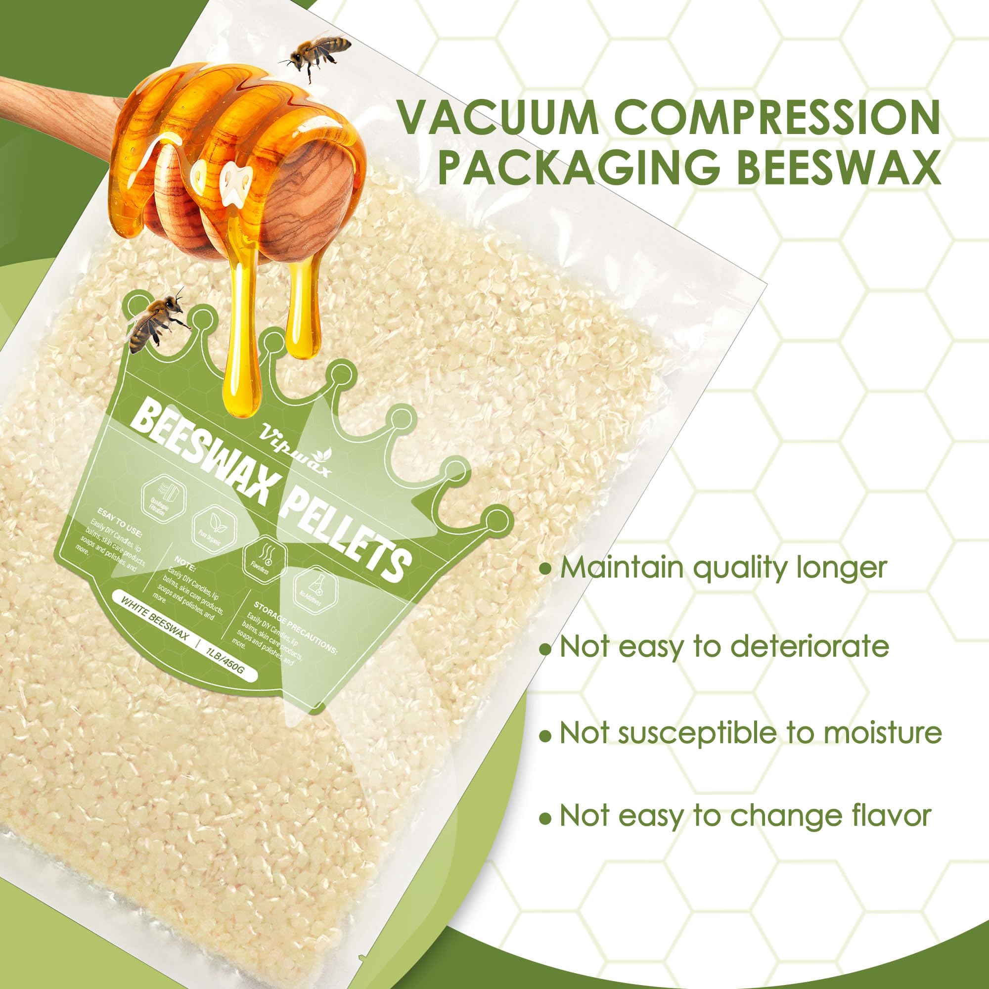 VIPwax odorless beeswax pellets showing clear, pure appearance.