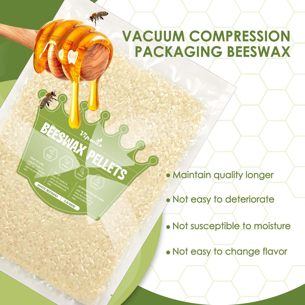 VIPwax odorless beeswax pellets showing clear, pure appearance.