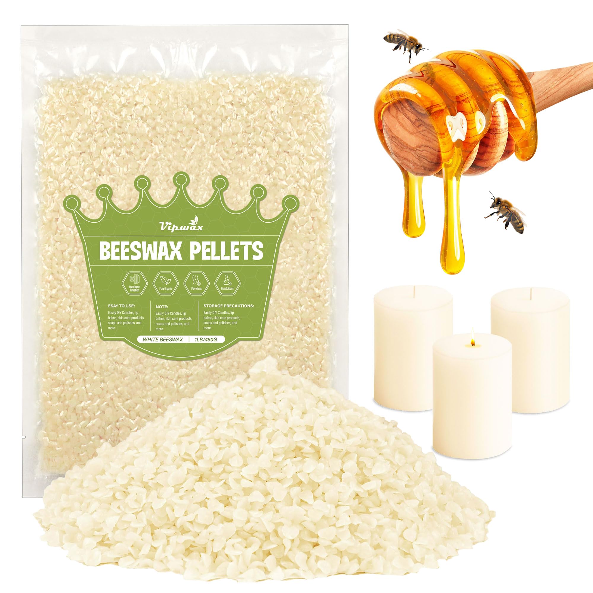 VIPwax white beeswax pellets in a 1lb bag for clean candle making.