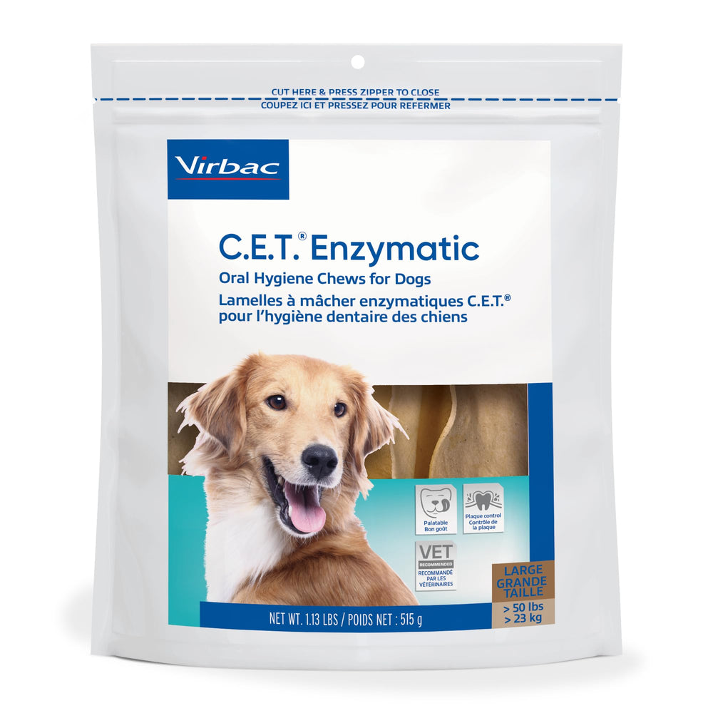 Beefhide-based Virbac C.E.T. Enzymatic Chews emphasizing single-layer digestibility.