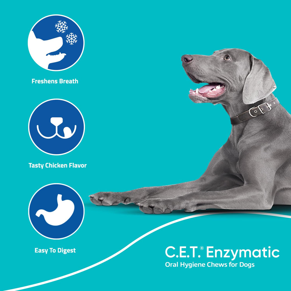 Virbac C.E.T. Enzymatic Chews chicken flavor appeals to dogs during dental care.