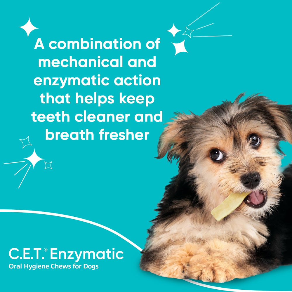 Dual-enzyme label on Virbac C.E.T. Enzymatic Chews highlights enzymatic action.