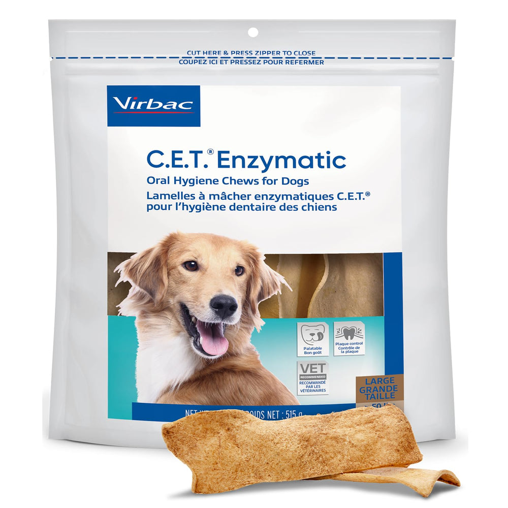 Virbac C.E.T. Enzymatic Chews large packaging shows trusted plaque control for dogs.