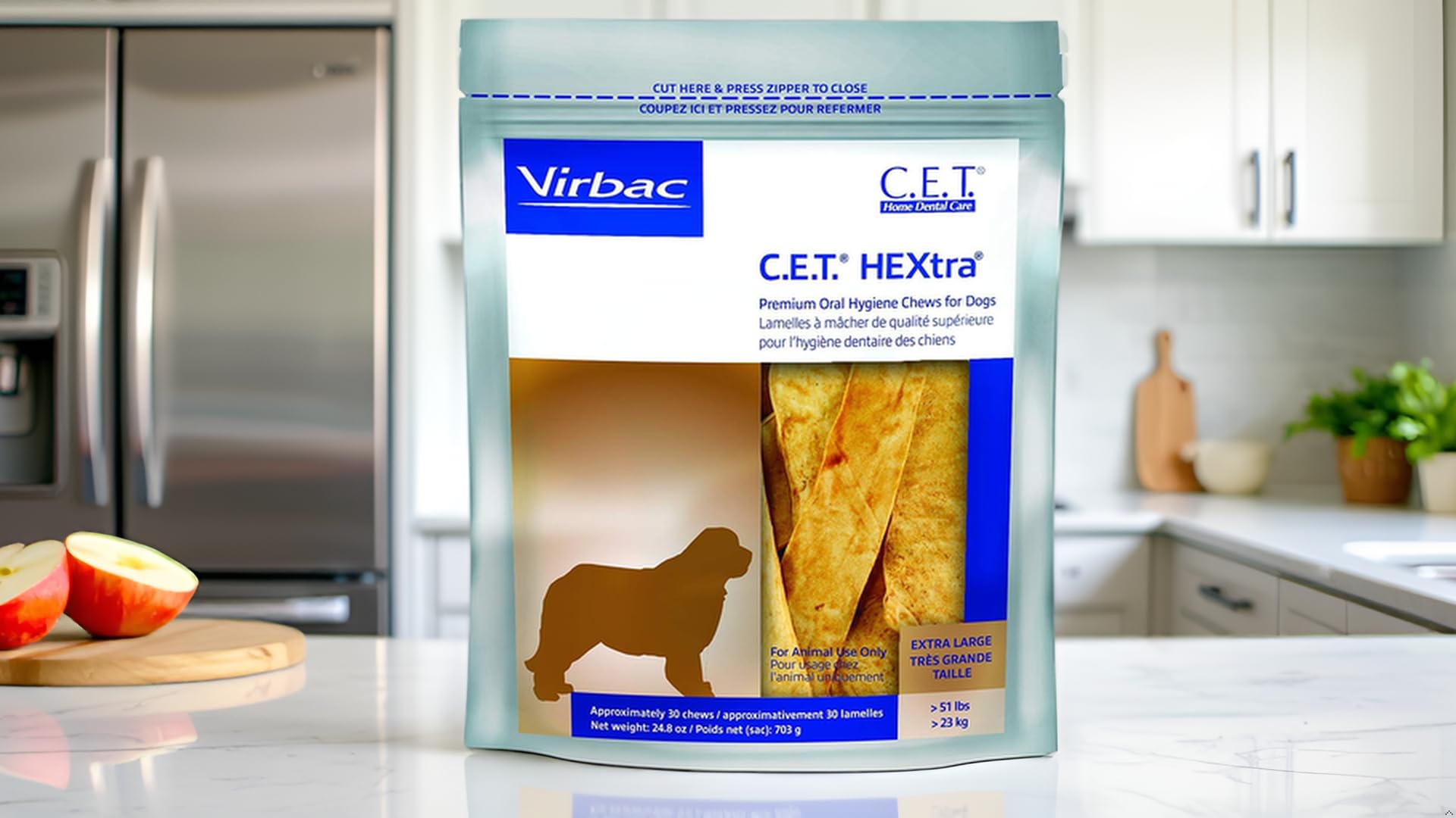 Packaging on shelf with chews indicating quantity per bag.