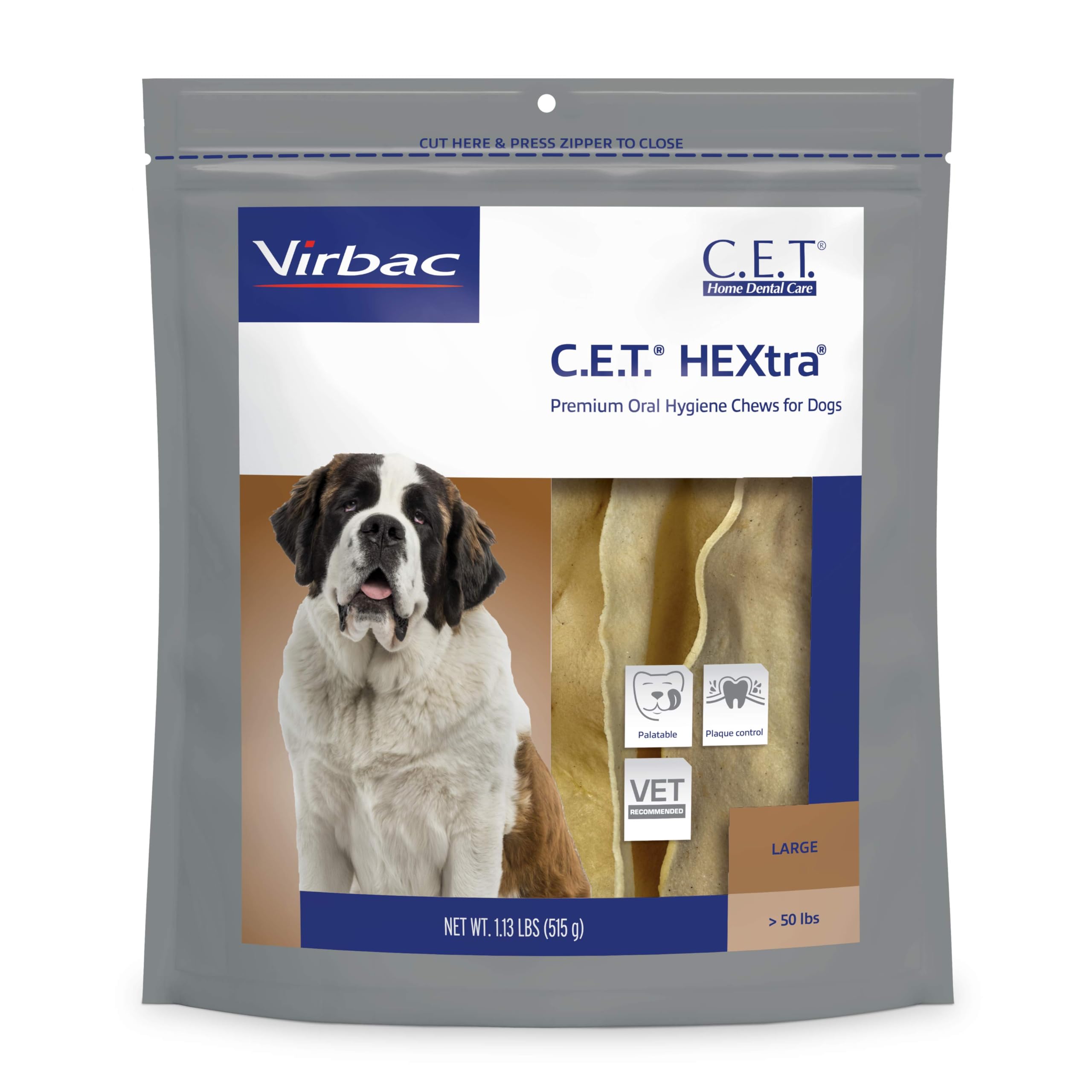 Virbac C.E.T. HEXTRA chews in a bag designed for daily dog dental care.