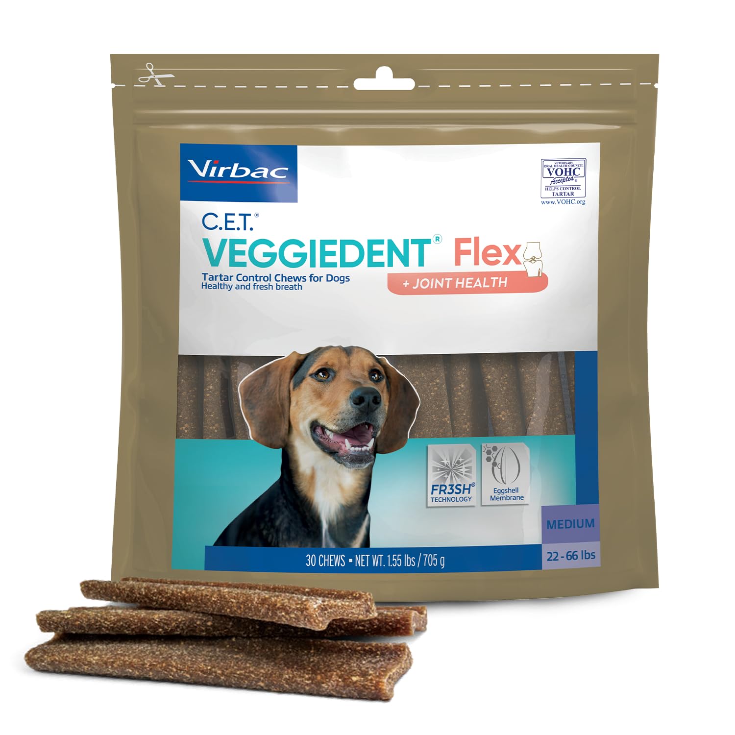 Virbac C.E.T VeggieDent Flex eggshell membrane may aid joint comfort.