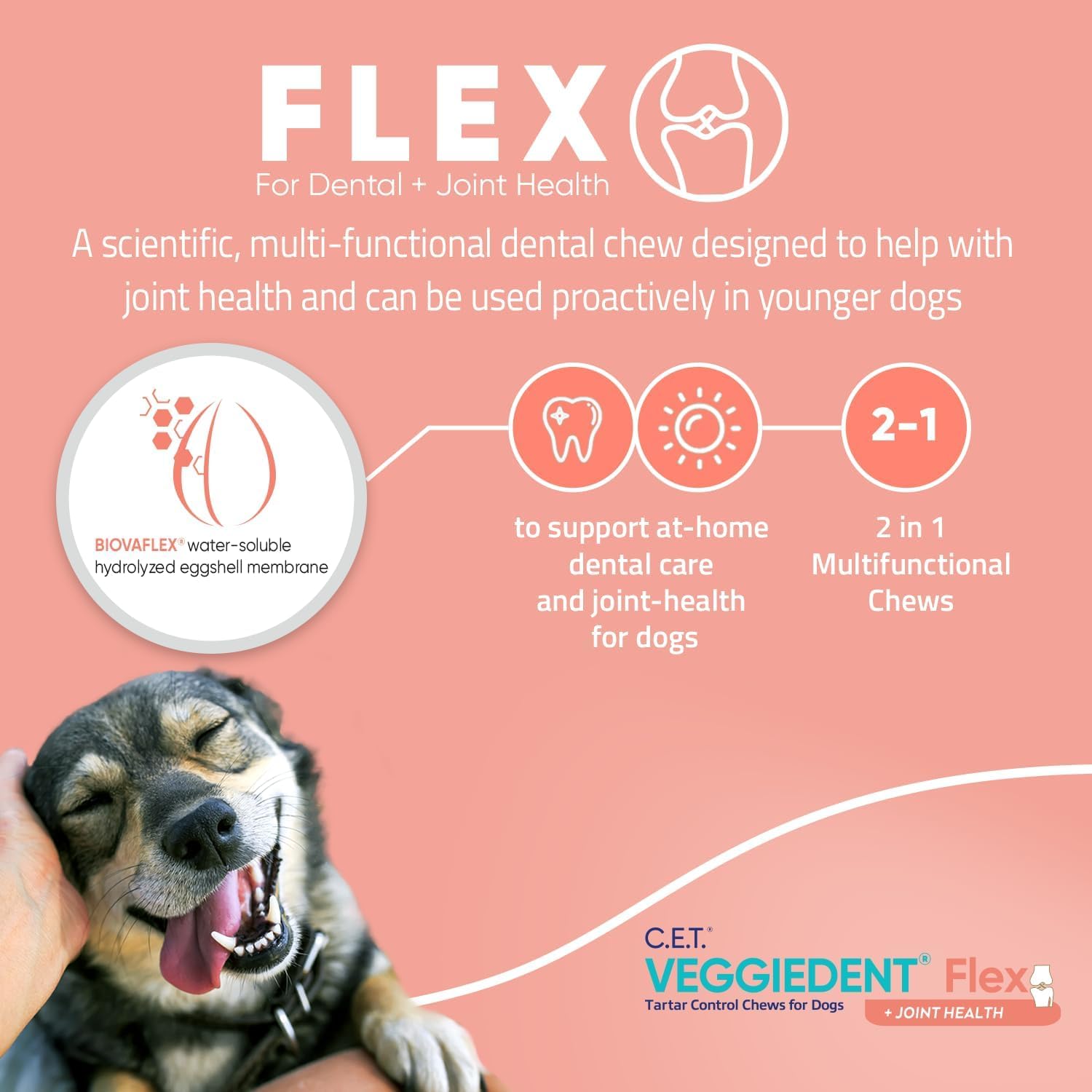 Open bag of Virbac VeggieDent Flex small dog chews ready for daily use.