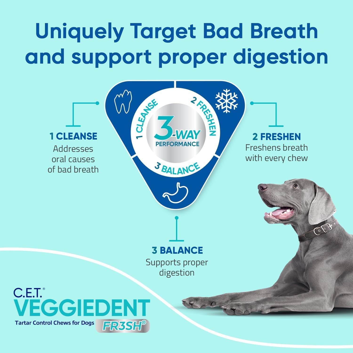 CET Veggiedent FR3SH bag shows 30 chews and nutritional details.