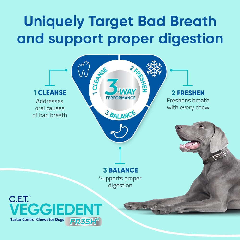 CET Veggiedent FR3SH bag shows 30 chews and nutritional details.
