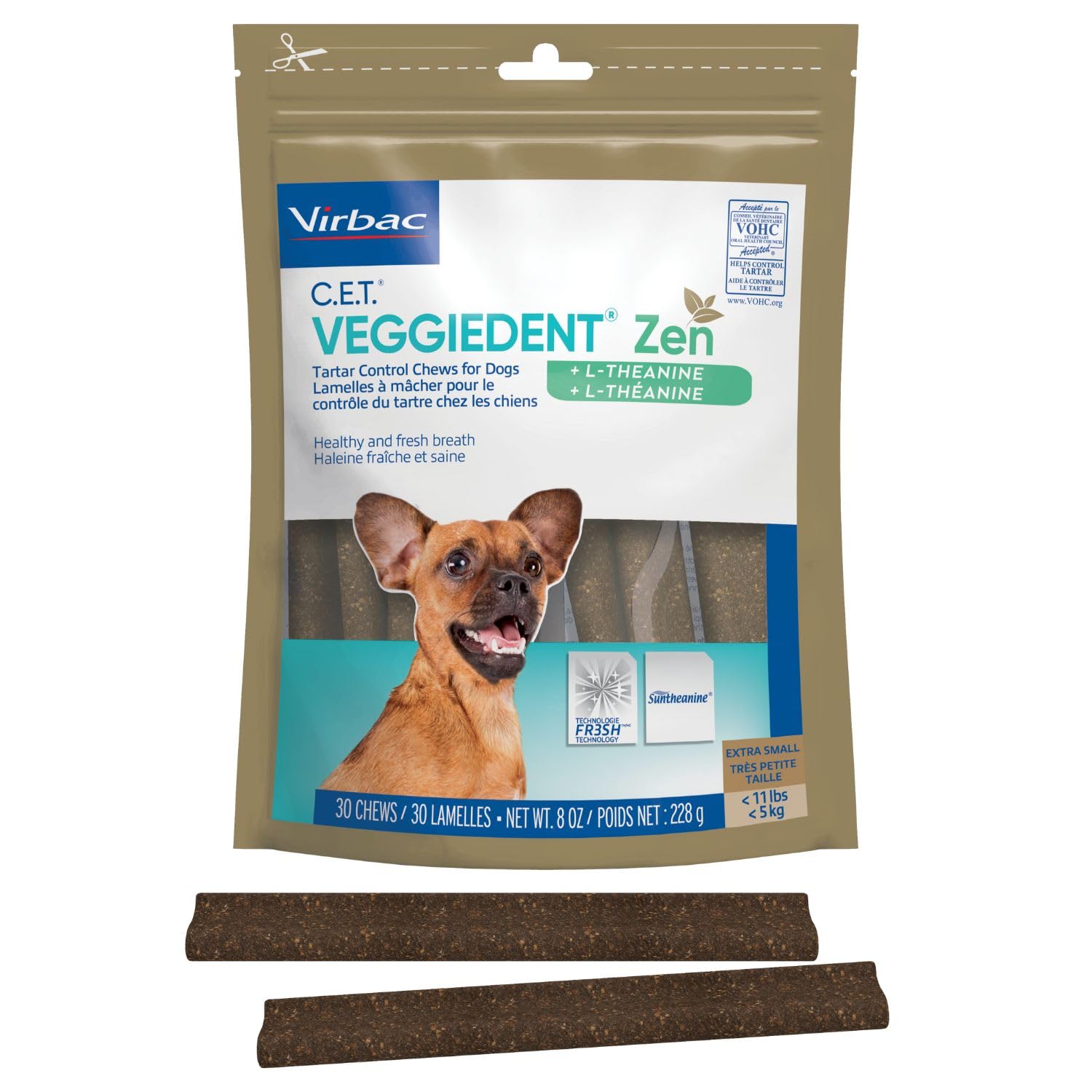Virbac VeggieDent Zen packaging indicating a gluten-free plant-based dog treat for small dogs