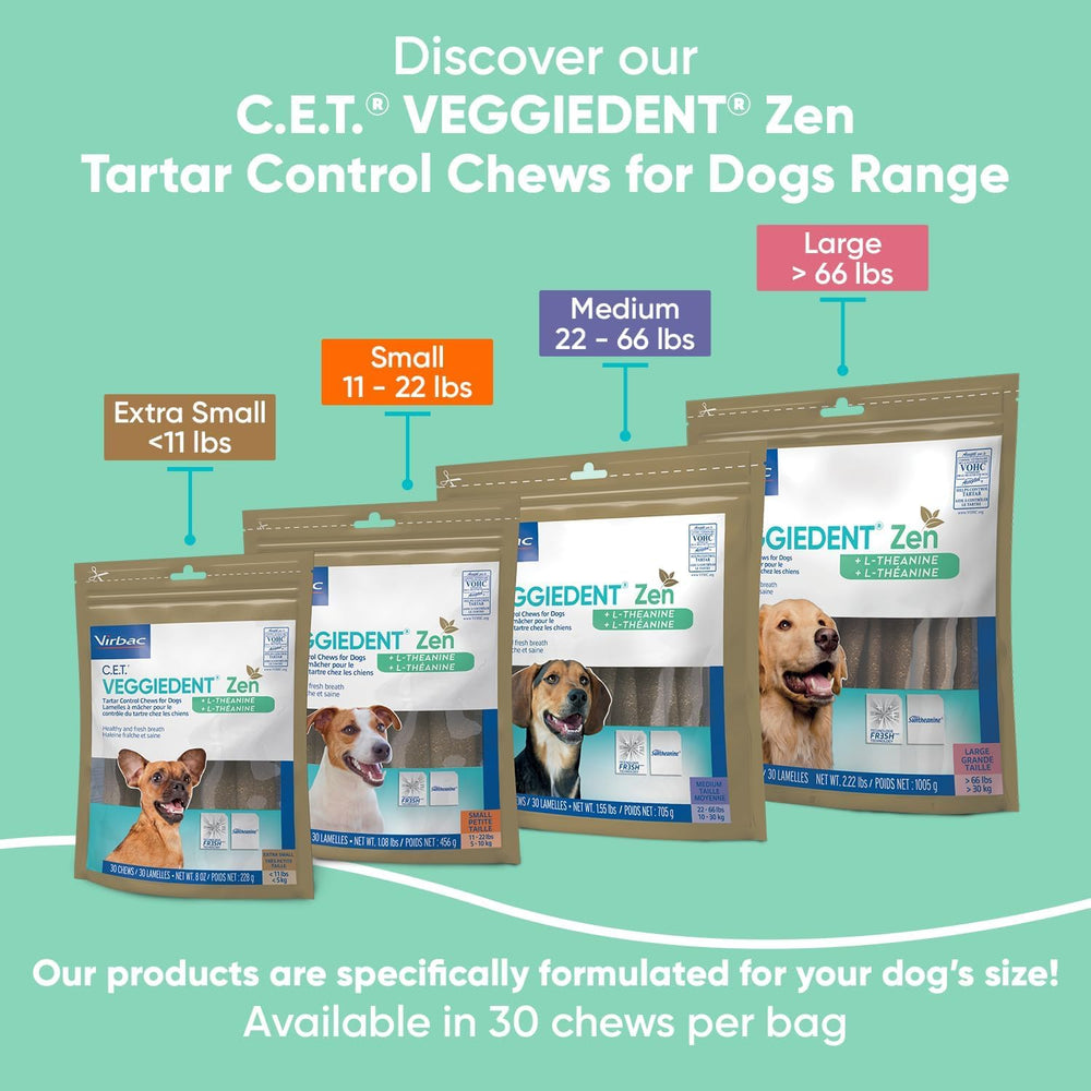 Virbac CET VeggieDent Zen closeup emphasizes dental treat benefits for fresh breath.