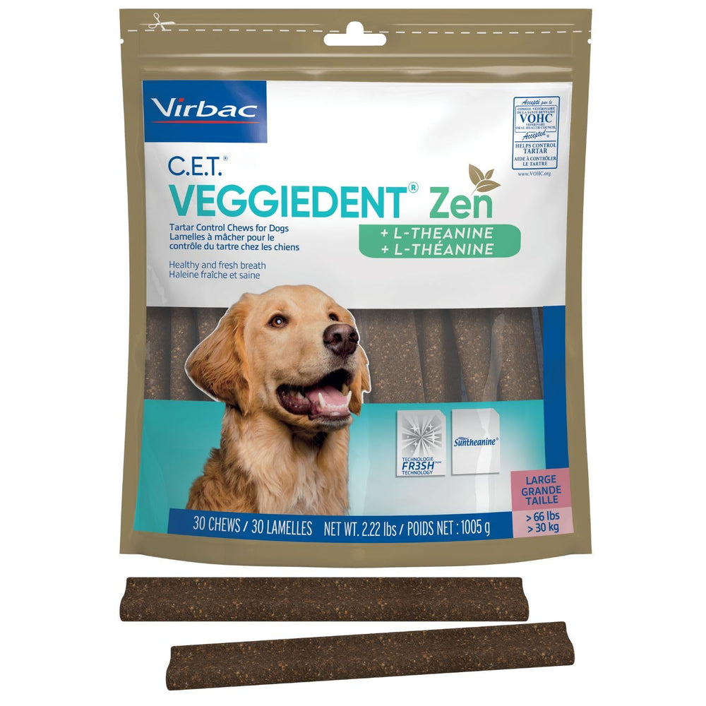 Virbac CET VeggieDent Zen front-view dog chews promote oral care during daily routines.