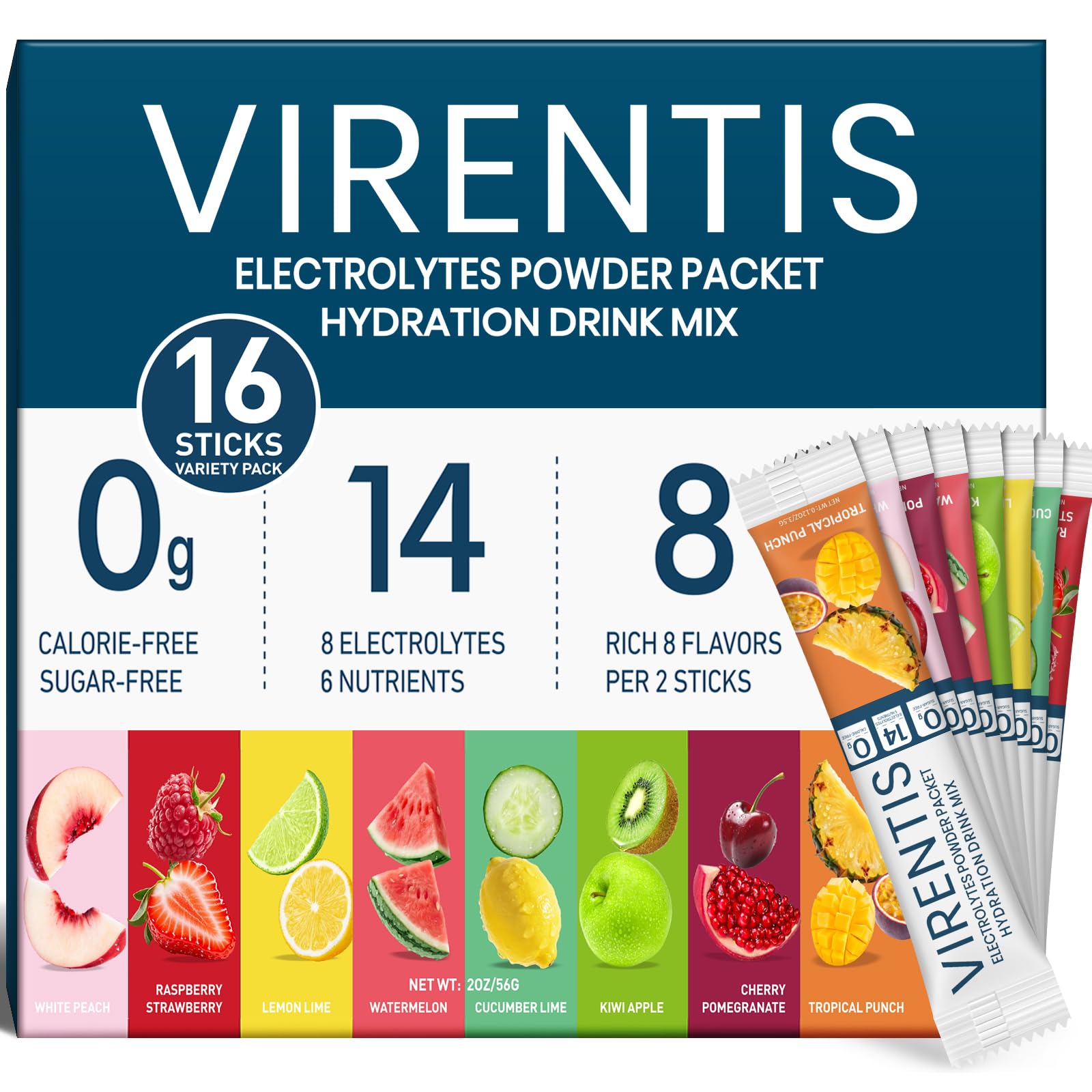 VIRENTIS 16-sticks electrolytes packets close-up for fast hydration on the go.