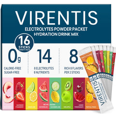 VIRENTIS 16-sticks electrolytes packets close-up for fast hydration on the go.