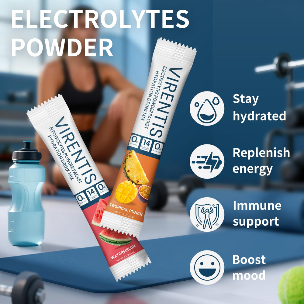 VIRENTIS on-the-go hydration close-up demonstrating quick mix with water.