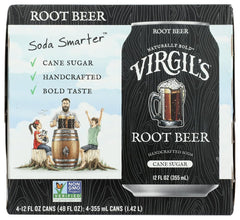 Virgil's Root Beer 4-pack cans, front view, crisp, classic flavor for gatherings.