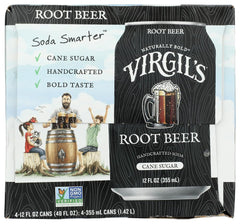 Virgil's Root Beer 4-pack cans, packaging and label, premium craft beverage for celebrations.