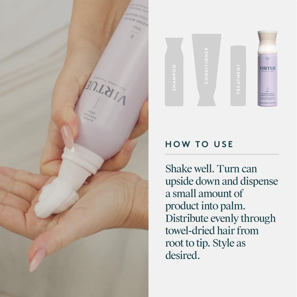Virtue Full Volume Mousse packaging emphasizes color-safe formula