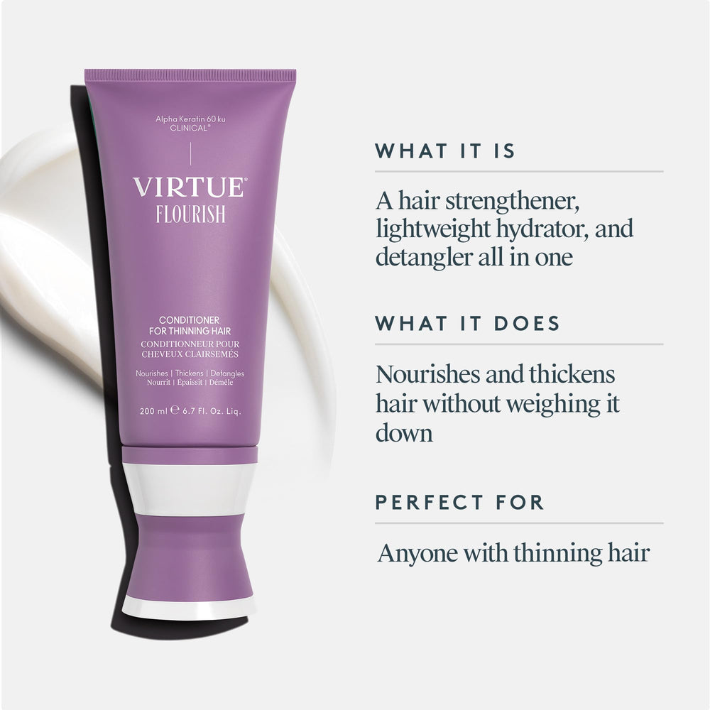 Virtue Flourish conditioner-application-hair shows smooth application for gentle detangling and nourishment.
