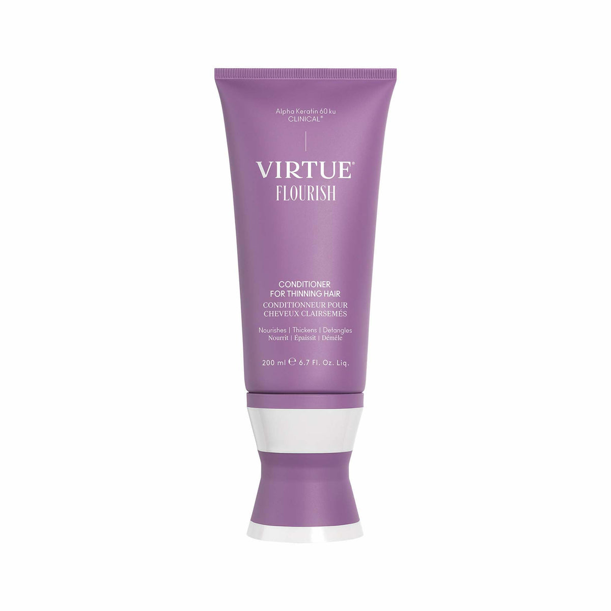 Virtue Flourish conditioner bottle-pump demonstrates easy dispensing for thinning-hair care.