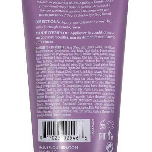 Virtue Flourish conditioner liquid-closeup highlights silky texture for detangling fine hair.