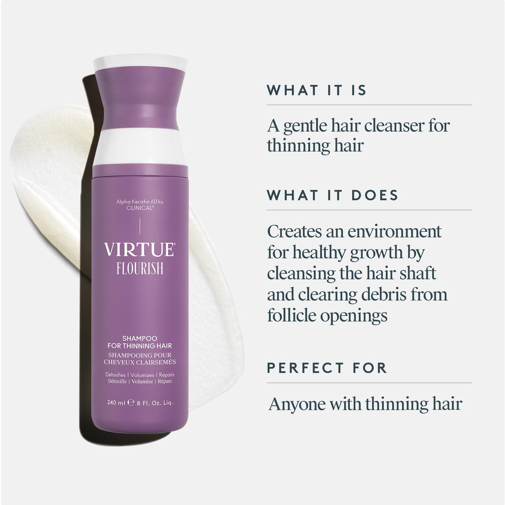 Virtue Flourish Shampoo scalp-massage close-up highlights detoxifying sensation.