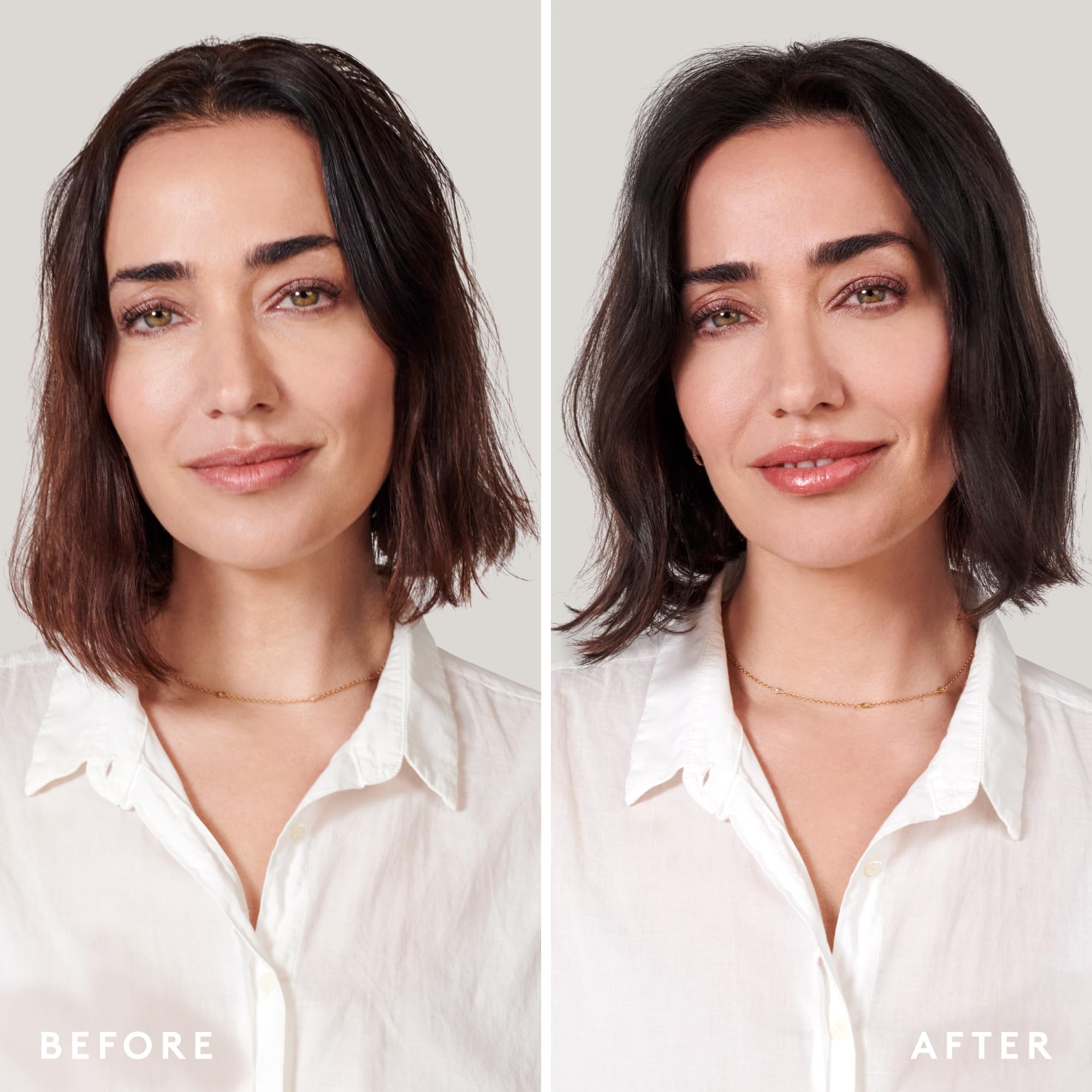 Virtue Full Volume Mousse on hair shows natural movement and hold