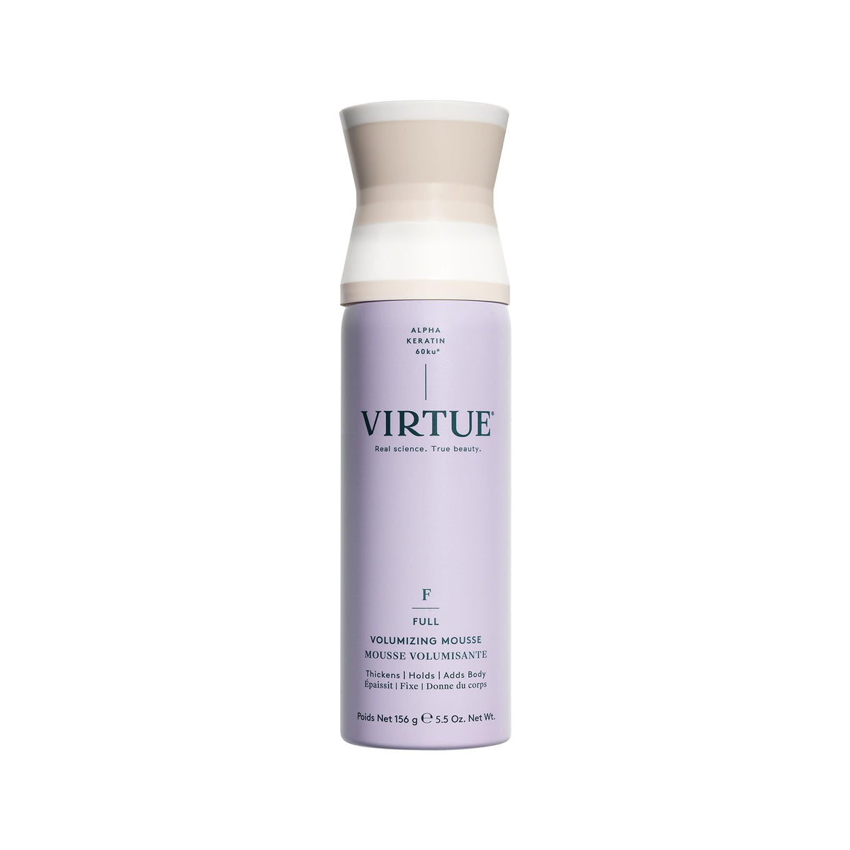 Virtue Full Volume Mousse in close-up tube demonstrating instant body